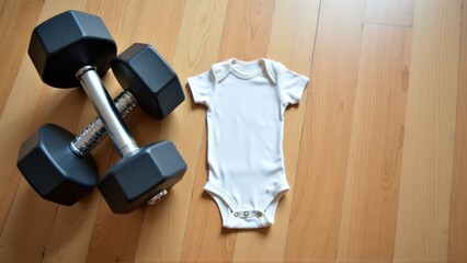 Dumbbells and a baby onesie arranged on a wooden floor, balance between strength and nurturing