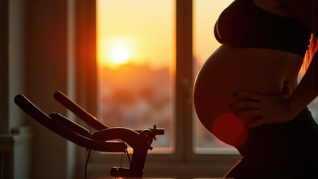 ilhouette of a pregnant cyclist on a stationary bike against a sunset window, endurance and perseverance theme. close-up - Powered by Adobe