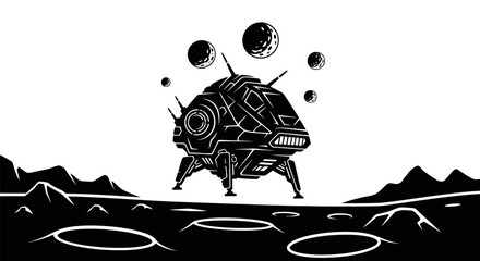 Futuristic Spaceship Landing on Alien Planet Surface with Orbiting Moons. © azziza