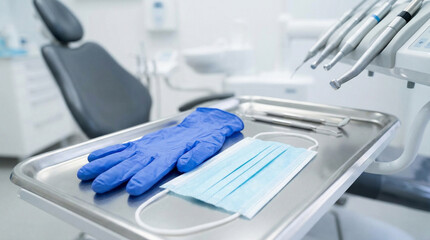 dental office setup with blue gloves and mask on metal tray ready for patient visit
