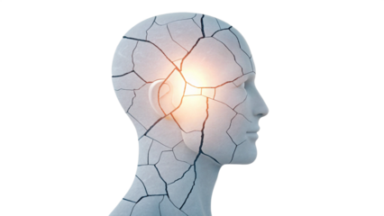 Healing Mental Health Concept PNG – Cracked Head Silhouette with Light on Transparent Background	
