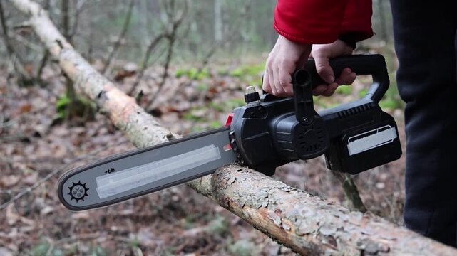A woman holding a cordless red chainsaw. A girl is sawing a tree in a park. A cordless tool is sawing a tree. Tree cutting work in an outdoor park.