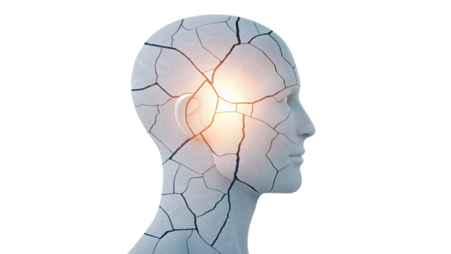 Healing Mental Health Concept PNG – Cracked Head Silhouette with Light on Transparent Background	
