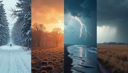 Diverse landscapes showcasing winter, autumn, storms, and summer
