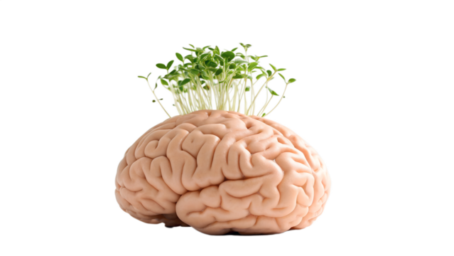 Mental Growth Concept PNG – Brain with Growing Plants on Transparent Background	
