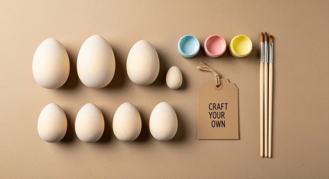 easter craft materials with wooden eggs and paintbrushes on a beige background