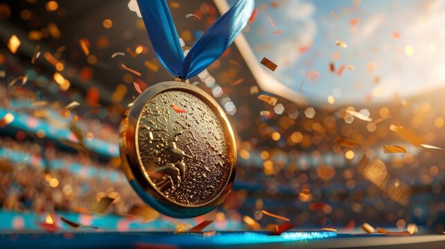 A shining gold medal adorned with a beautiful blue ribbon, perfectly reflecting colorful confetti around it - Powered by Adobe