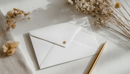 Letter, golden pen, dried flowers, neutral, bright scene