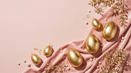 golden easter eggs on pink velvet surrounded by delicate leaves and pearls in a festive setting
