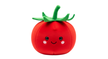 A red plush tomato toy with a smiling face and green stem on a black background vegetable
