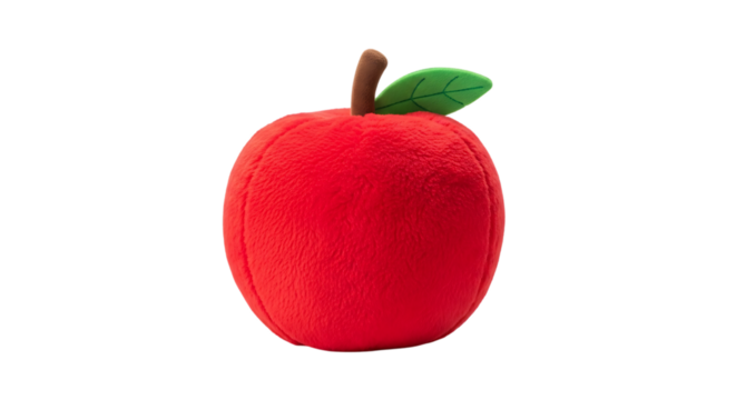 A plush red apple toy with a brown stem and a green leaf on a black background stuffed