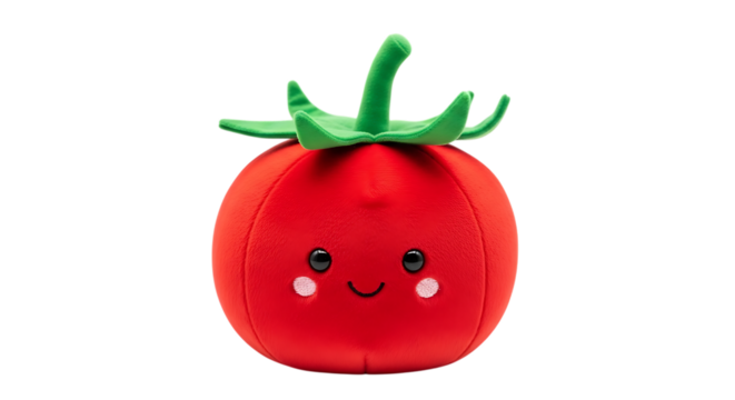 A red plush tomato toy with a smiling face and green stem on a black background vegetable