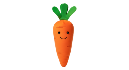 Orange plush carrot toy with green leaves and smiling face on white background stuffed