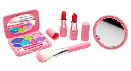 Obraz premium Pink toy makeup set with lipsticks and brush on white background cosmetic beauty