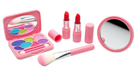 Pink toy makeup set with lipsticks and brush on white background cosmetic beauty