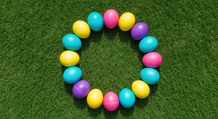 colorful easter egg wreath on vibrant green grass representing festive holiday decoration