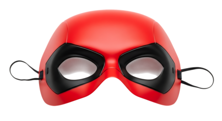 Red and black superhero mask with eye holes and elastic straps on black background