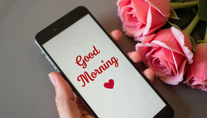 Hand holding smartphone with "Good Morning" message and roses  
