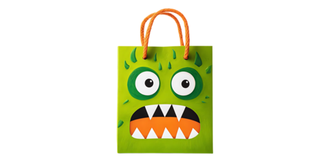 A green monster-faced gift bag with orange handles, perfect for treats.