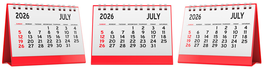 Desk calendars July 2026. Front and side views, 3D rendering