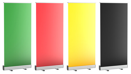 Colored roll up banners in green, red, yellow and black. 3D rendering