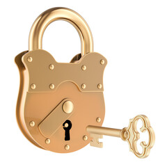 Golden vintage padlock with key. 3D rendering