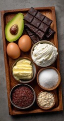 Keto diet ingredients on wood tray, overhead view