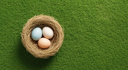colorful easter eggs in a straw nest on fresh green grass, symbolizing spring and new beginnings