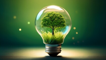 tree and green grass growing inside light bulb energy conservation ecology concept