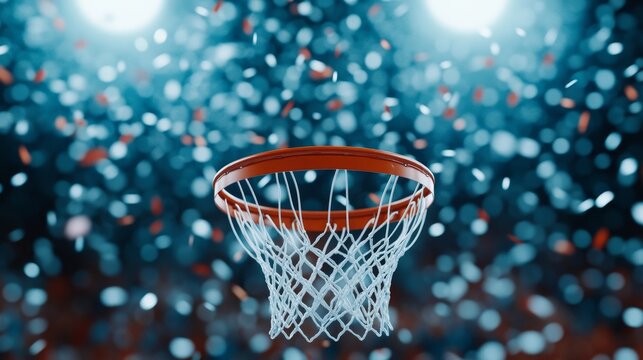 A vibrant, celebratory basketball hoop surrounded by colorful confetti, creating a festive atmosphere - Powered by Adobe