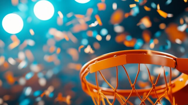 A vibrant, celebratory basketball hoop surrounded by colorful confetti, creating a festive atmosphere