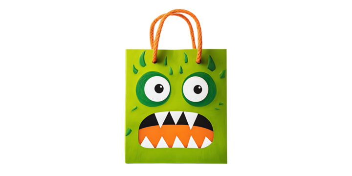 A green monster-faced gift bag with orange handles, perfect for treats.
