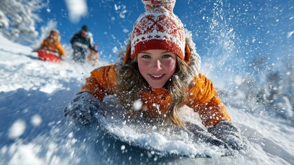 Group of happy children sledding down a snowy hill on a bright winter day with fresh snow and blue sky