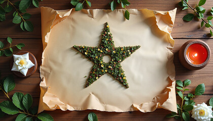 Star decoration made of flowers and leaves on vintage paper
