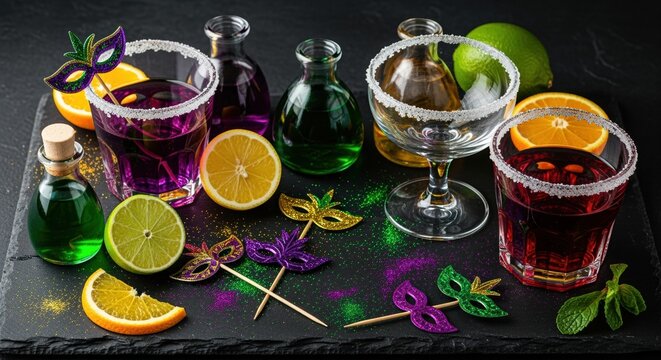 vibrant mardi gras cocktails with decorative masks and citrus slices on a black slate board - Powered by Adobe