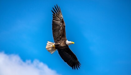 bald eagle soaring against a vibrant blue sky