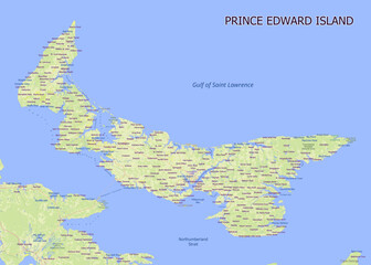 Obraz premium detailed map of Prince Edward Island, Canada. The island is surrounded by the Gulf of Saint Lawrence and the Northumberland Strait. The map includes various towns and geographical features.