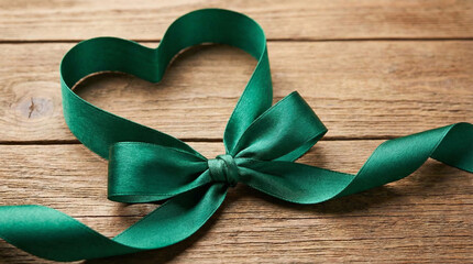 green ribbon shaped as heart on wooden background symbolizing love and celebration