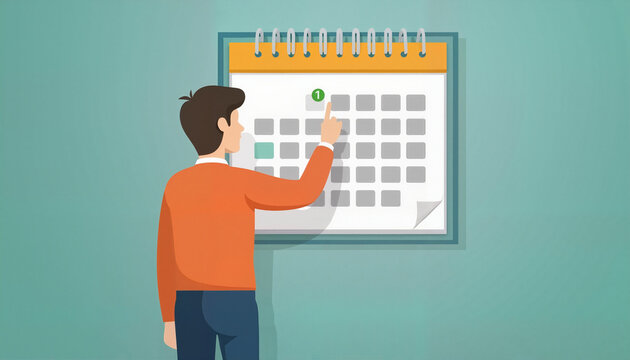 Man pointing at calendar on teal background  
