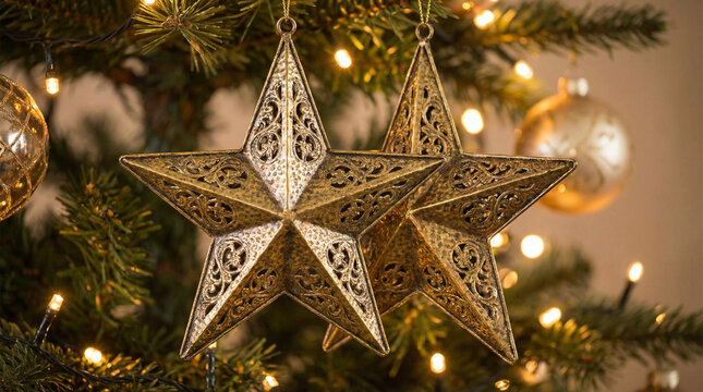 golden star ornaments hanging on decorated christmas tree with sparkling lights and baubles