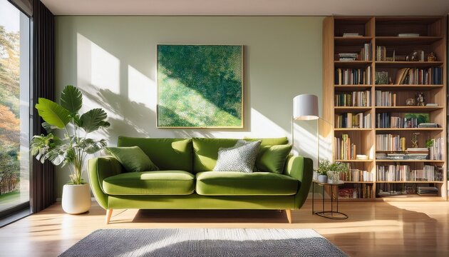 cozy modern living room featuring a stylish green couch bookshelves artistic decor with a sunlit painting and indoor plants creating a tranquil peaceful atmosphere