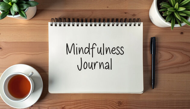 Mindfulness journal on wooden table with tea and plants  
