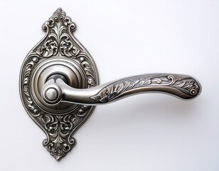 ornate silver door handle on white background