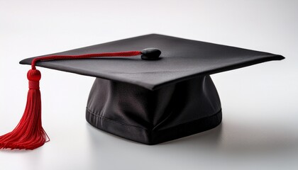 close up of red graduation tassel on black cap against white background