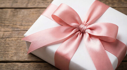 elegant gift box with pink ribbon on wooden surface conveying celebration and surprise