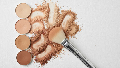 cosmetic background with texture samples of compact and loose powder in different tones. A chic makeup brush. top view. white background	