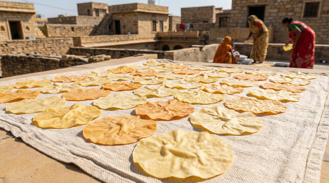 sun-dried papads on rooftop in rural indian village with women working in traditional attire