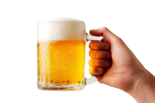 A hand holding a large glass mug filled with golden beer and a thick layer of white foam. - Powered by Adobe