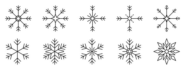 Snowflake line art icon set featuring ten distinct winter crystal designs for Christmas decoration, seasonal graphics, greeting cards, patterns and festive visuals. Snow flakes for winter and Xmas