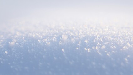 Fresh white snow sparkling with tiny ice crystals and frost under bright winter sunlight, creating a cold abstract background texture with soft blue and white hues